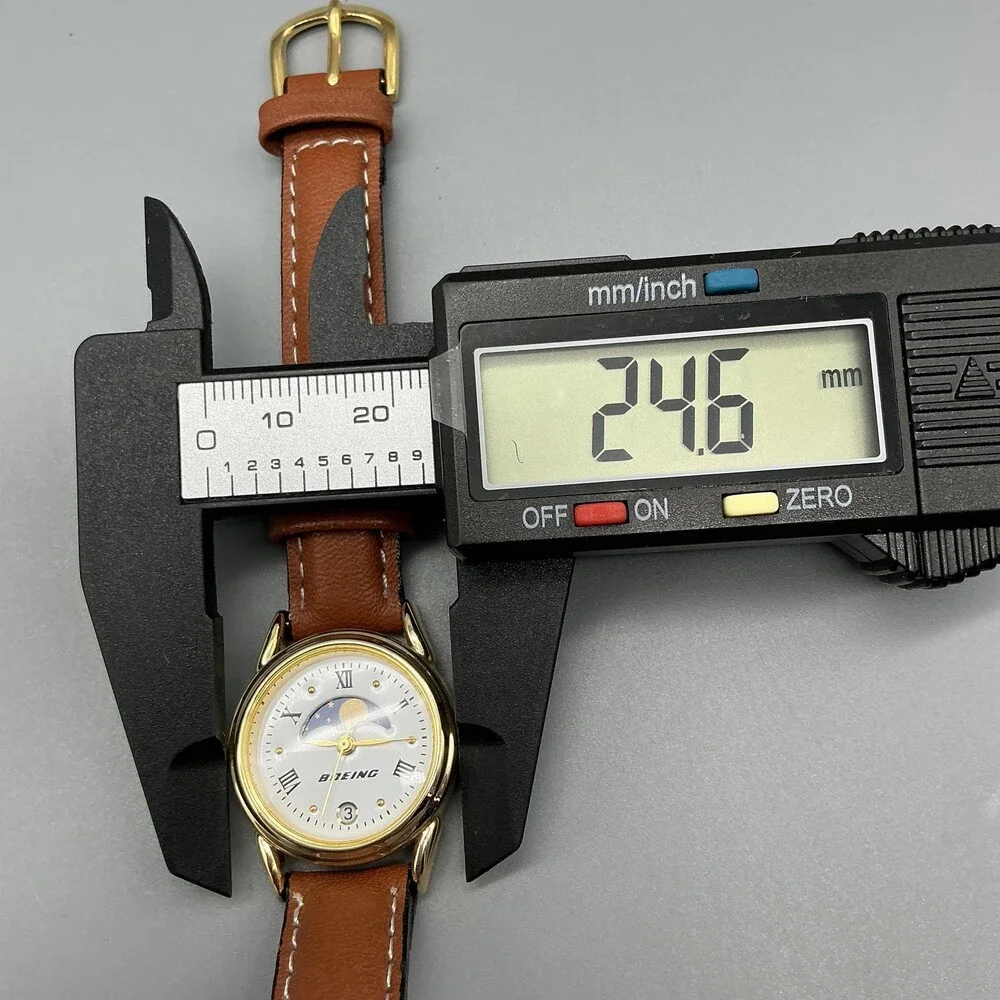 Boeing Womens Watch 25mm Day Night Moon Phase Gold Tone Leather Date New Battery